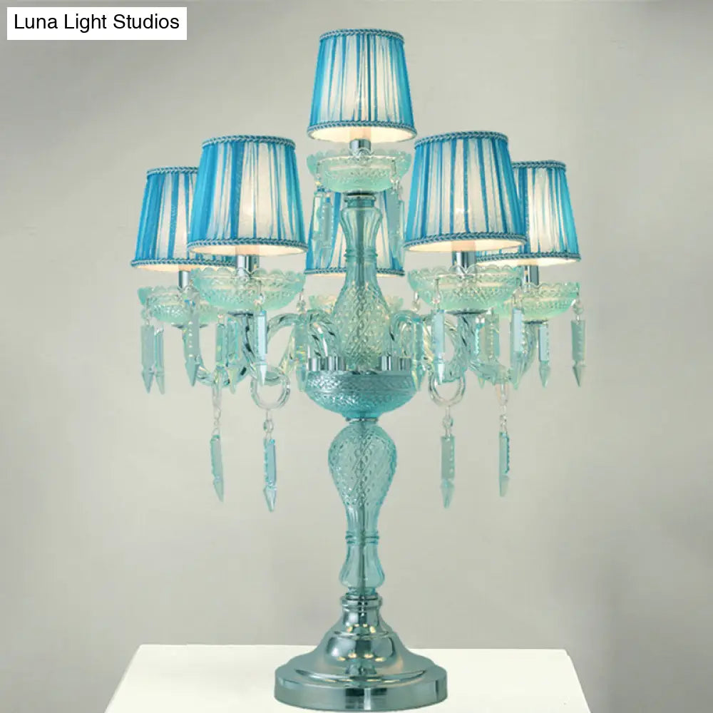 Traditional Crystal Blue Nightstand Lamp With Fabric Shade - Sleep In Style 5/6/7 Bulb Candlestick