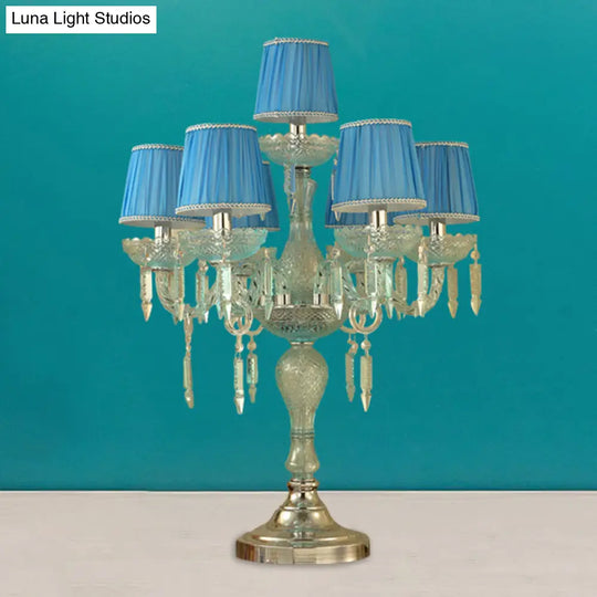 Traditional Crystal Blue Nightstand Lamp With Fabric Shade - Sleep In Style 5/6/7 Bulb Candlestick