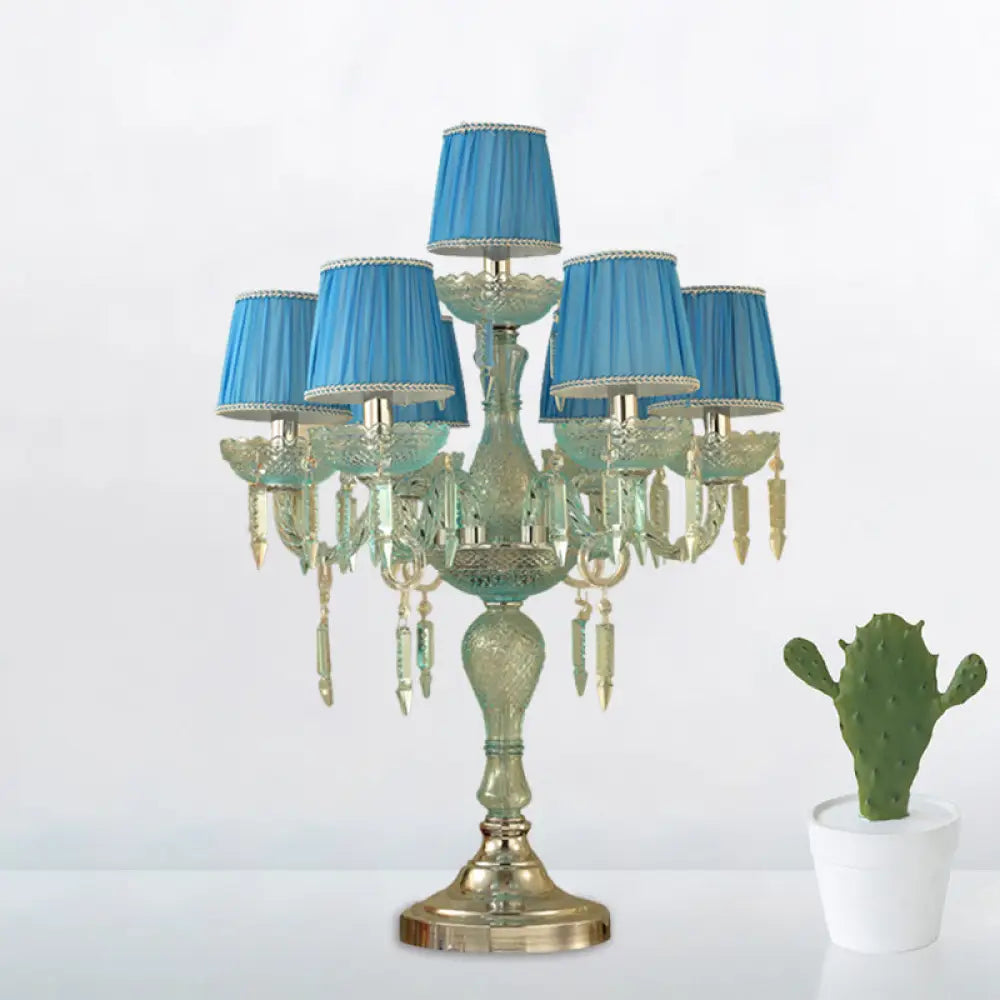 Traditional Crystal Blue Nightstand Lamp With Fabric Shade - Sleep In Style 5/6/7 Bulb Candlestick