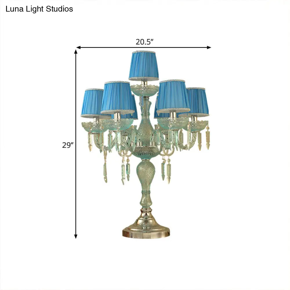 Traditional Crystal Blue Nightstand Lamp With Fabric Shade - Sleep In Style 5/6/7 Bulb Candlestick