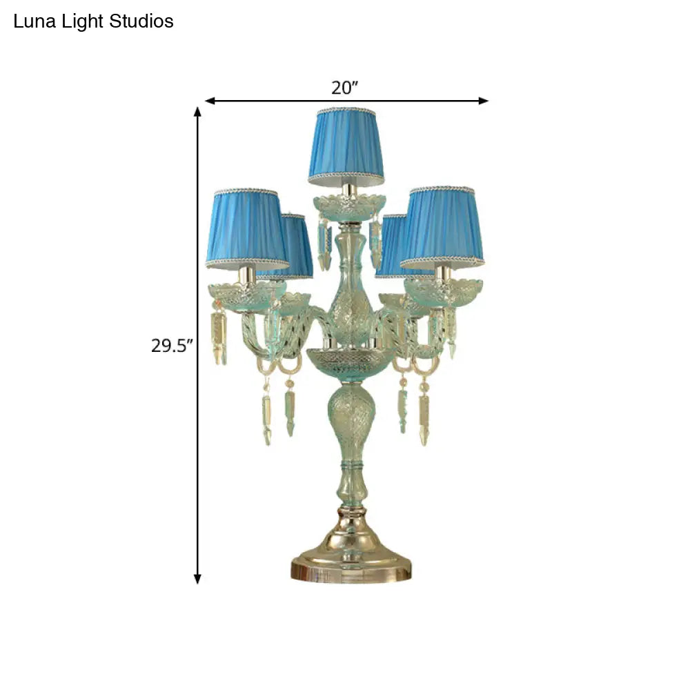 Traditional Crystal Blue Nightstand Lamp With Fabric Shade - Sleep In Style 5/6/7 Bulb Candlestick