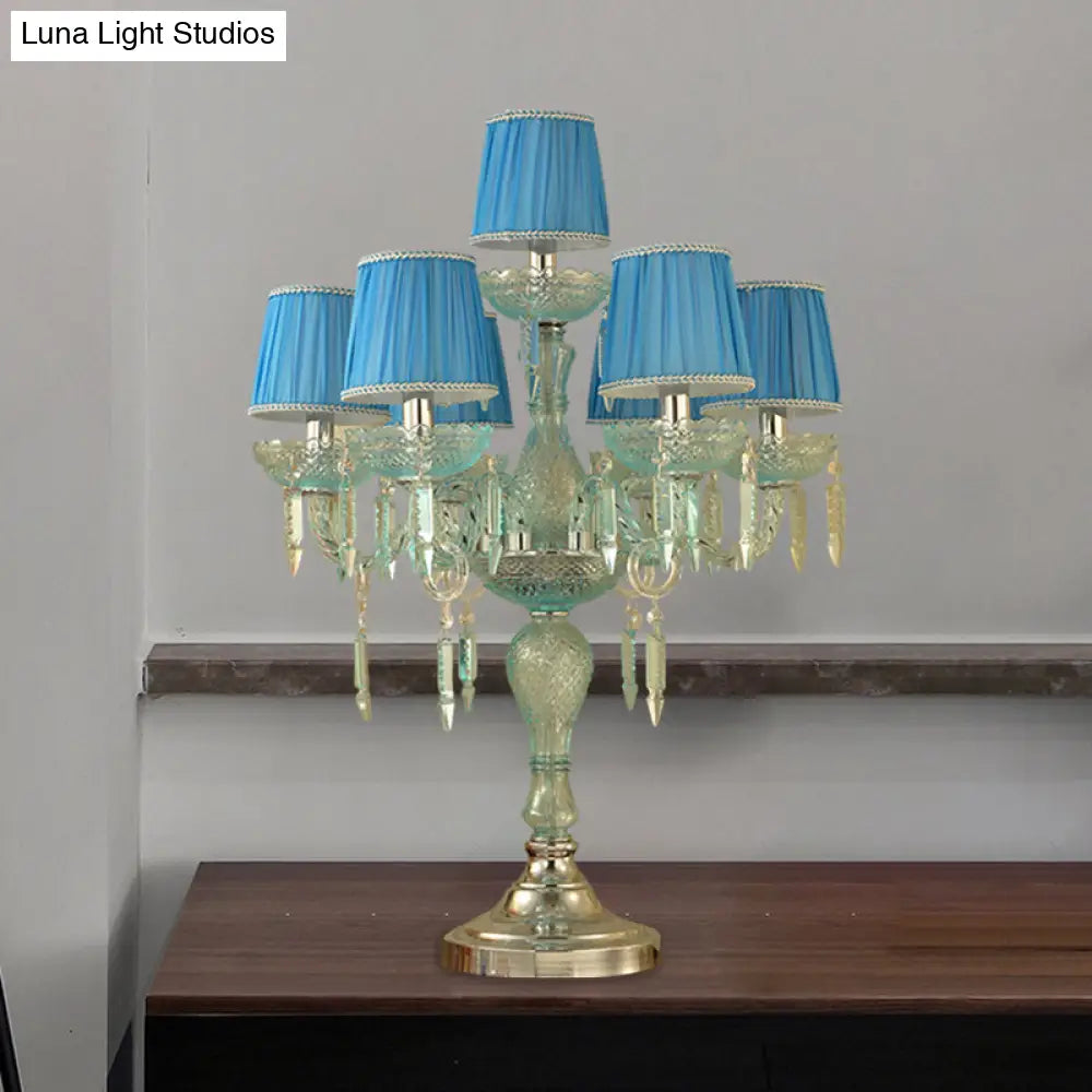 Traditional Crystal Blue Nightstand Lamp With Fabric Shade - Sleep In Style 5/6/7 Bulb Candlestick