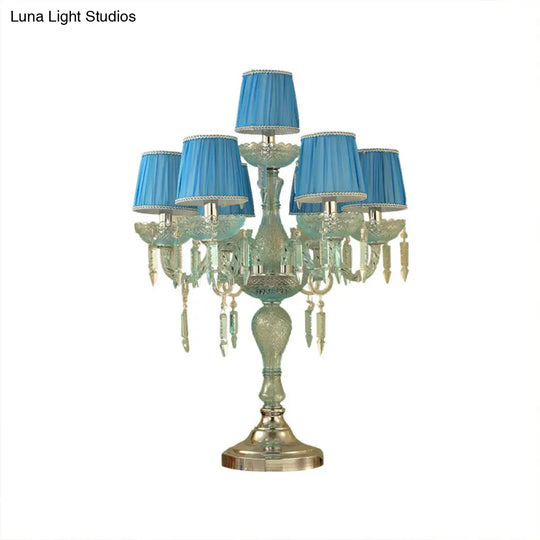 Traditional Crystal Blue Nightstand Lamp With Fabric Shade - Sleep In Style 5/6/7 Bulb Candlestick