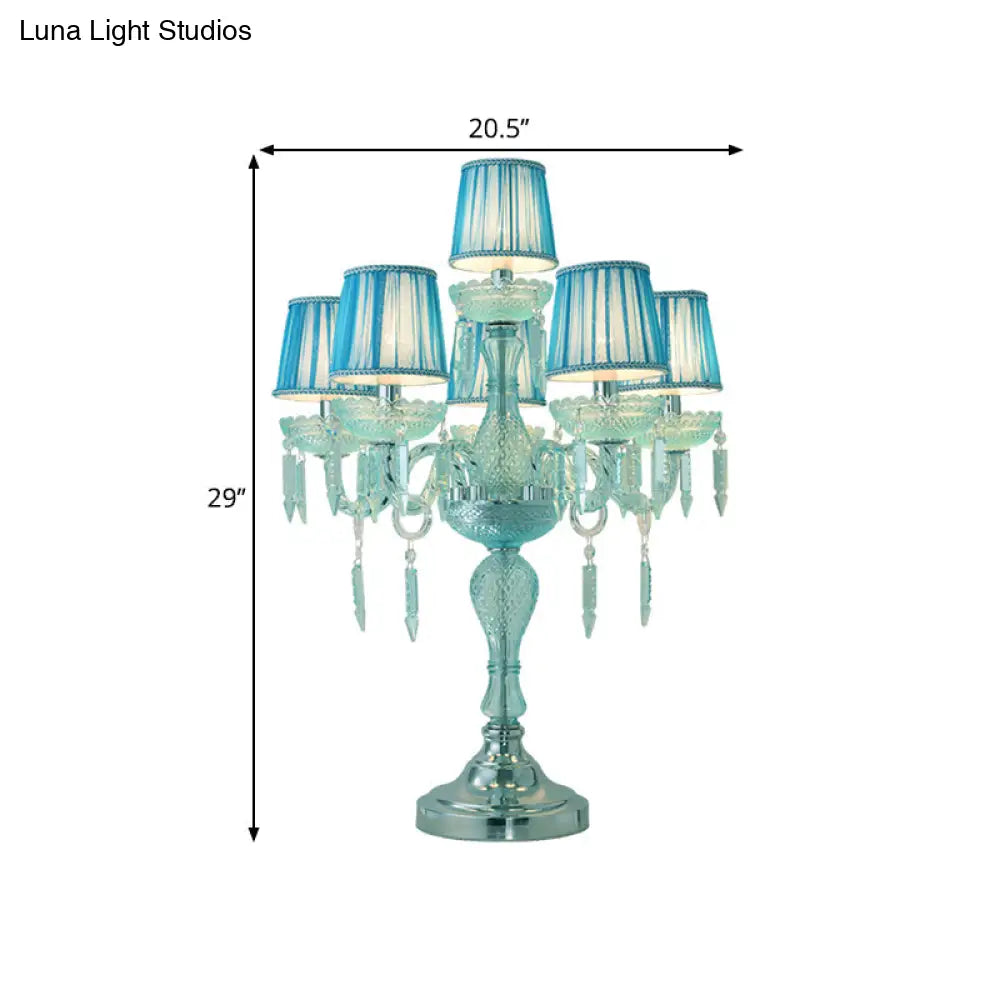 Traditional Crystal Blue Nightstand Lamp With Fabric Shade - Sleep In Style 5/6/7 Bulb Candlestick