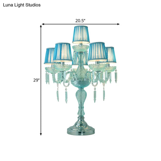 Traditional Crystal Blue Nightstand Lamp With Fabric Shade - Sleep In Style 5/6/7 Bulb Candlestick