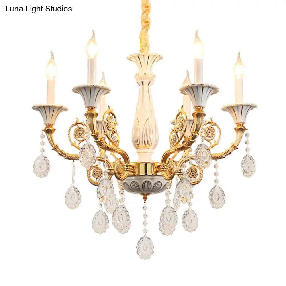 Traditional Crystal Chandelier - Elegant Gold Candle Lamp With 6 Heads For Bedroom Ceiling Ceramic