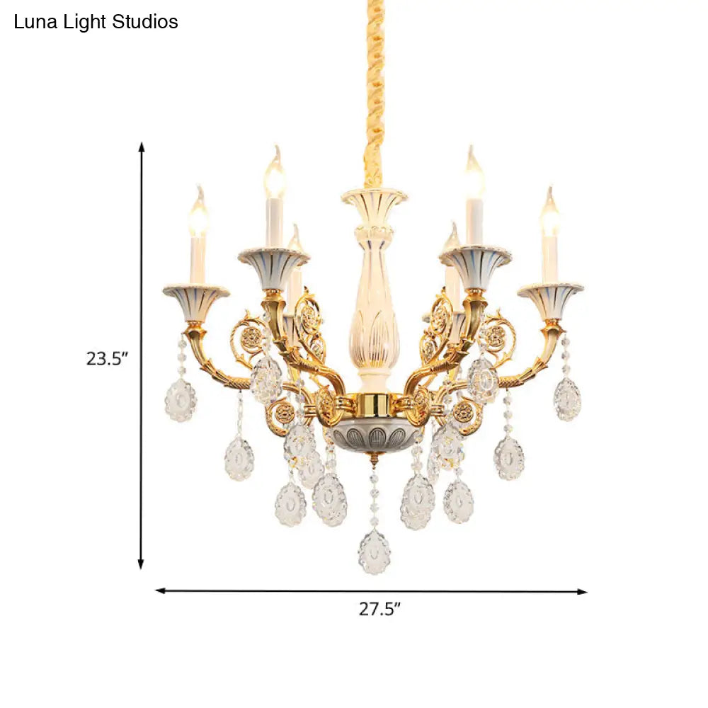 Traditional Crystal Chandelier - Elegant Gold Candle Lamp With 6 Heads For Bedroom Ceiling Ceramic