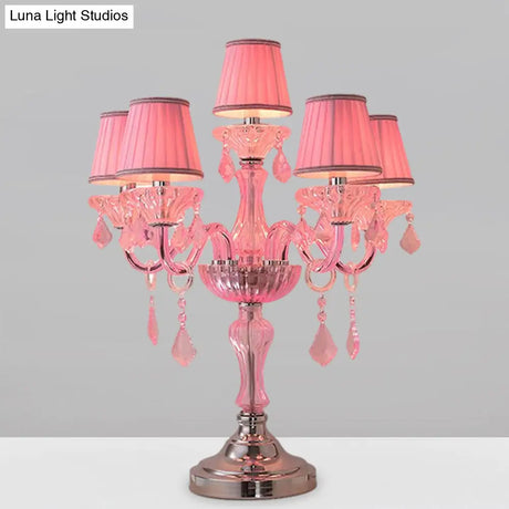 Traditional Crystal Spears Nightstand Lamp - Pink Candle Table Light With Pleated Fabric Shade And