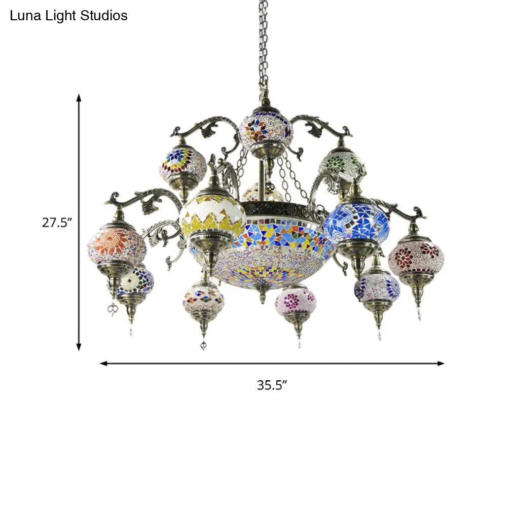 Traditional Curved Arm Metal Chandelier With Colorful Glass Shades - Bronze Finish (15 Heads)