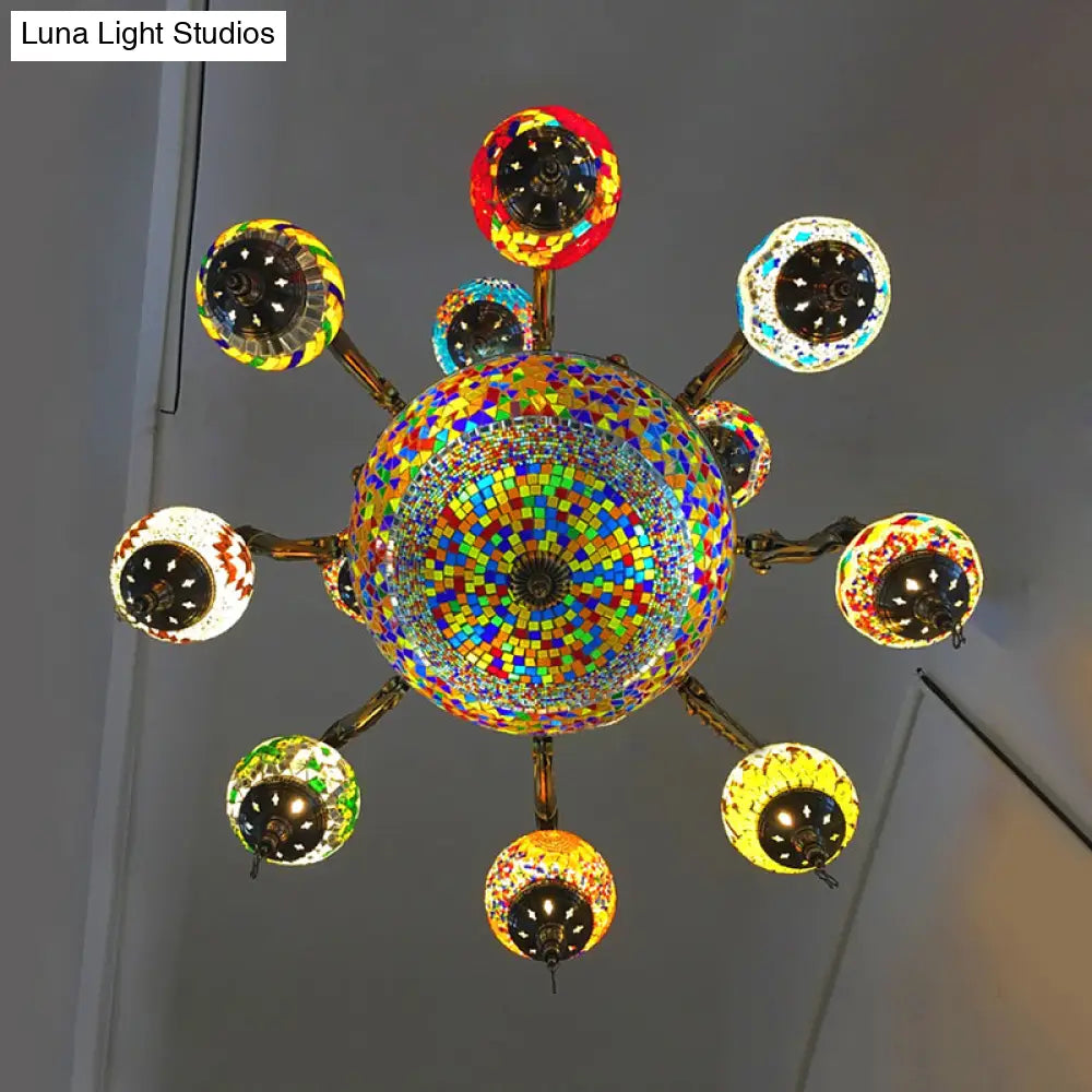 Traditional Curved Arm Metal Chandelier With Colorful Glass Shades - Bronze Finish (15 Heads)