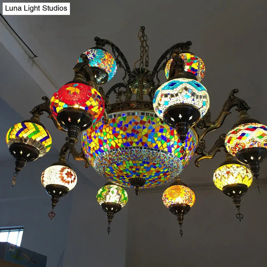 Traditional Curved Arm Metal Chandelier With Colorful Glass Shades - Bronze Finish (15 Heads)