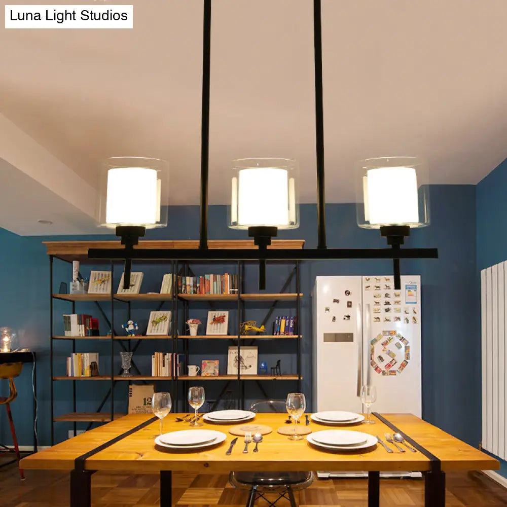 Traditional Cylinder Island Dining Room Lamp With White Glass Shades - 3/4 Hanging Lights
