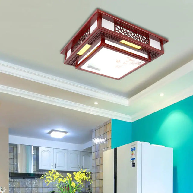 Traditional Dark Red Wood Led Square Flush Mount Ceiling Light Crimson