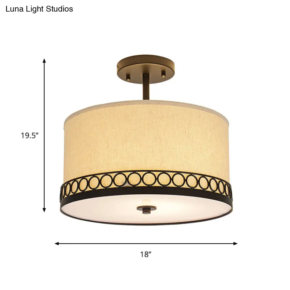 Traditional Drum Fabric Ceiling Light Fixture In Black For Bedroom Semi-Mount