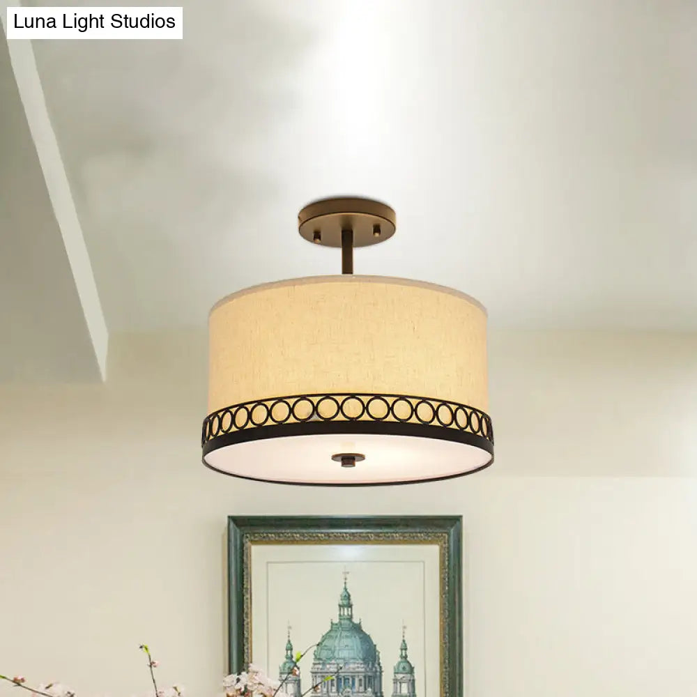 Traditional Drum Fabric Ceiling Light Fixture In Black For Bedroom Semi-Mount