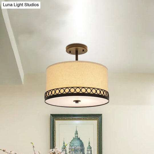 Traditional Drum Fabric Ceiling Light Fixture In Black For Bedroom Semi-Mount