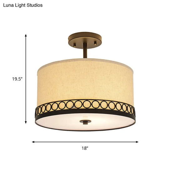 Traditional Drum Fabric Ceiling Light Fixture In Black For Bedroom Semi-Mount