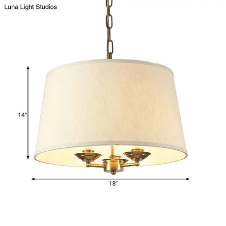 Traditional Drum Fabric Chandelier Lighting - 3 Lights Pendant In White For Dining Room