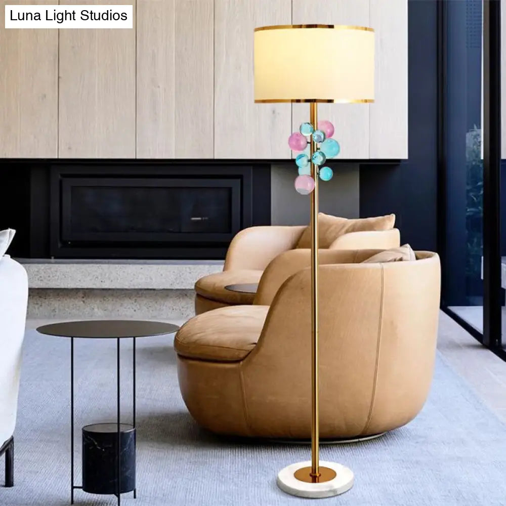 Traditional Fabric Round Shade Floor Standing Lamp With Crystal Orbs - Multicolor/Clear