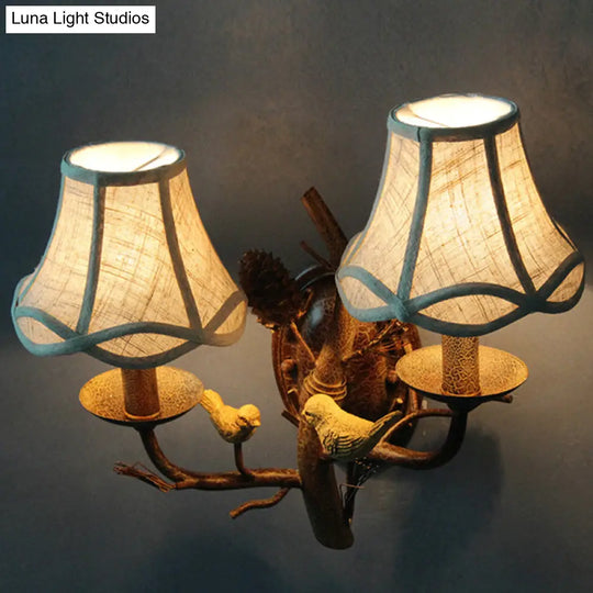 Traditional Flared Brown Fabric Wall Light With Decorative Bird And Pinecone - Perfect For