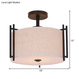 Traditional Flaxen Fabric Drum Ceiling Mount Light For Living Room