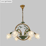 Traditional Floral Ceiling Chandelier - White/Yellow/Purple Glass 6 Hanging Light Heads