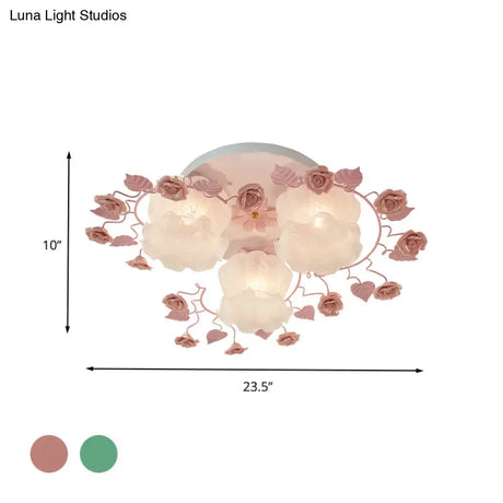 Traditional Floral Glass Ceiling Fixture With Flush Mount For Living Room 3/5 Bulbs In Pink/Green