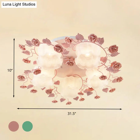 Traditional Floral Glass Ceiling Fixture With Flush Mount For Living Room 3/5 Bulbs In Pink/Green