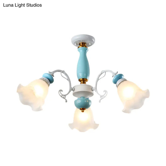 Traditional Floral White Glass Semi-Flush Ceiling Light With 3/5 Lights - Bedroom Flush Mount Lamp