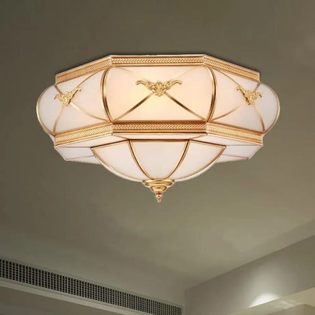 Traditional Flower Curved Frosted Glass Flush Mount Ceiling Light In Gold - 3/4/6 Lights For