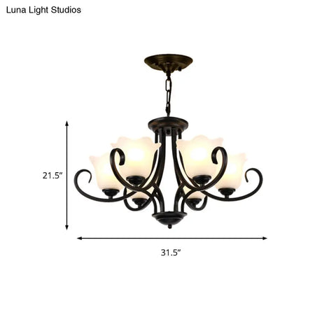 Traditional Flower Shape Frosted Glass Ceiling Chandelier With Black Finish - Ideal For Living Room