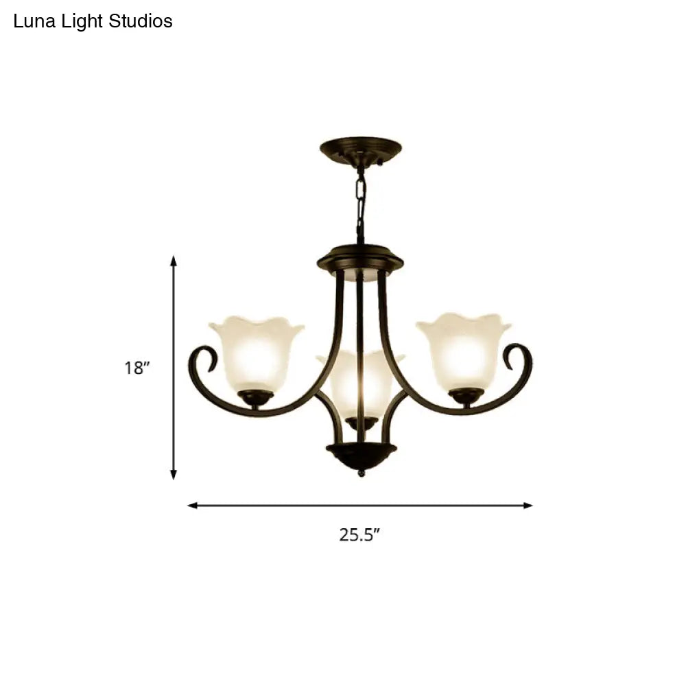 Traditional Flower Shape Frosted Glass Ceiling Chandelier With Black Finish - Ideal For Living Room