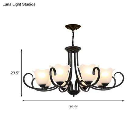 Traditional Flower Shape Frosted Glass Ceiling Chandelier With Black Finish - Ideal For Living Room
