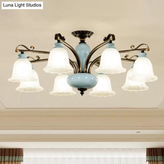 Traditional Flower White Glass Semi-Flush Ceiling Light - Bedroom Lamp (6/8 Heads)