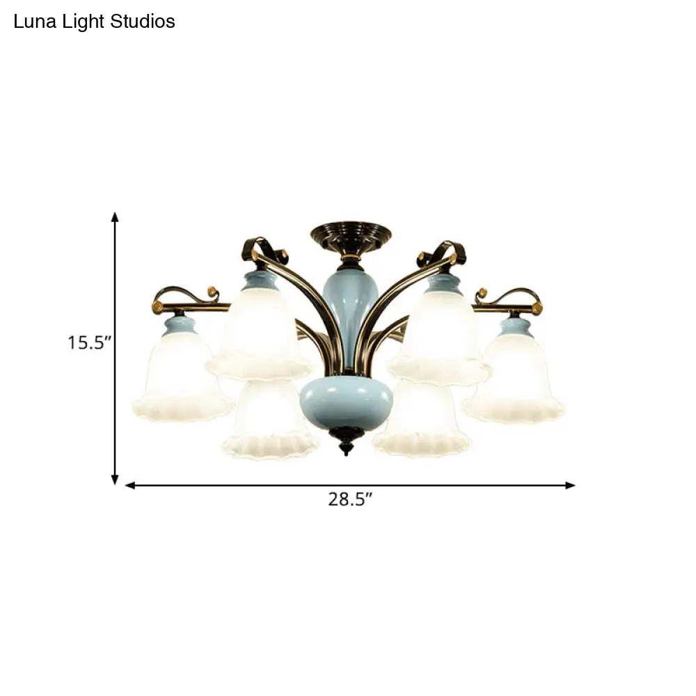 Traditional Flower White Glass Semi-Flush Ceiling Light - Bedroom Lamp (6/8 Heads)