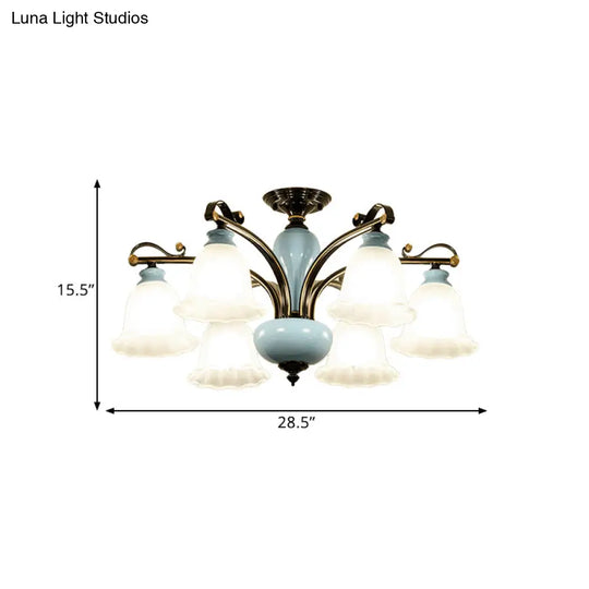 Traditional Flower White Glass Semi-Flush Ceiling Light - Bedroom Lamp (6/8 Heads)