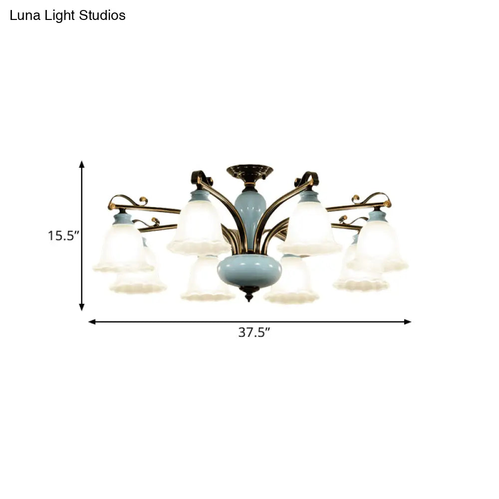 Traditional Flower White Glass Semi-Flush Ceiling Light - Bedroom Lamp (6/8 Heads)