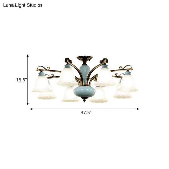 Traditional Flower White Glass Semi-Flush Ceiling Light - Bedroom Lamp (6/8 Heads)