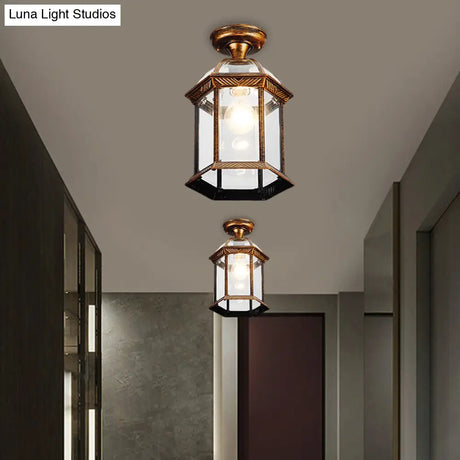 Traditional Flush Mount Cage Lantern With Single Bulb In Black/Brass 8’/9.5’ Wide