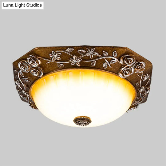 Traditional Flush Mount Led Ceiling Light With Carved Bloom Design In Brown 14’/16’ Wide