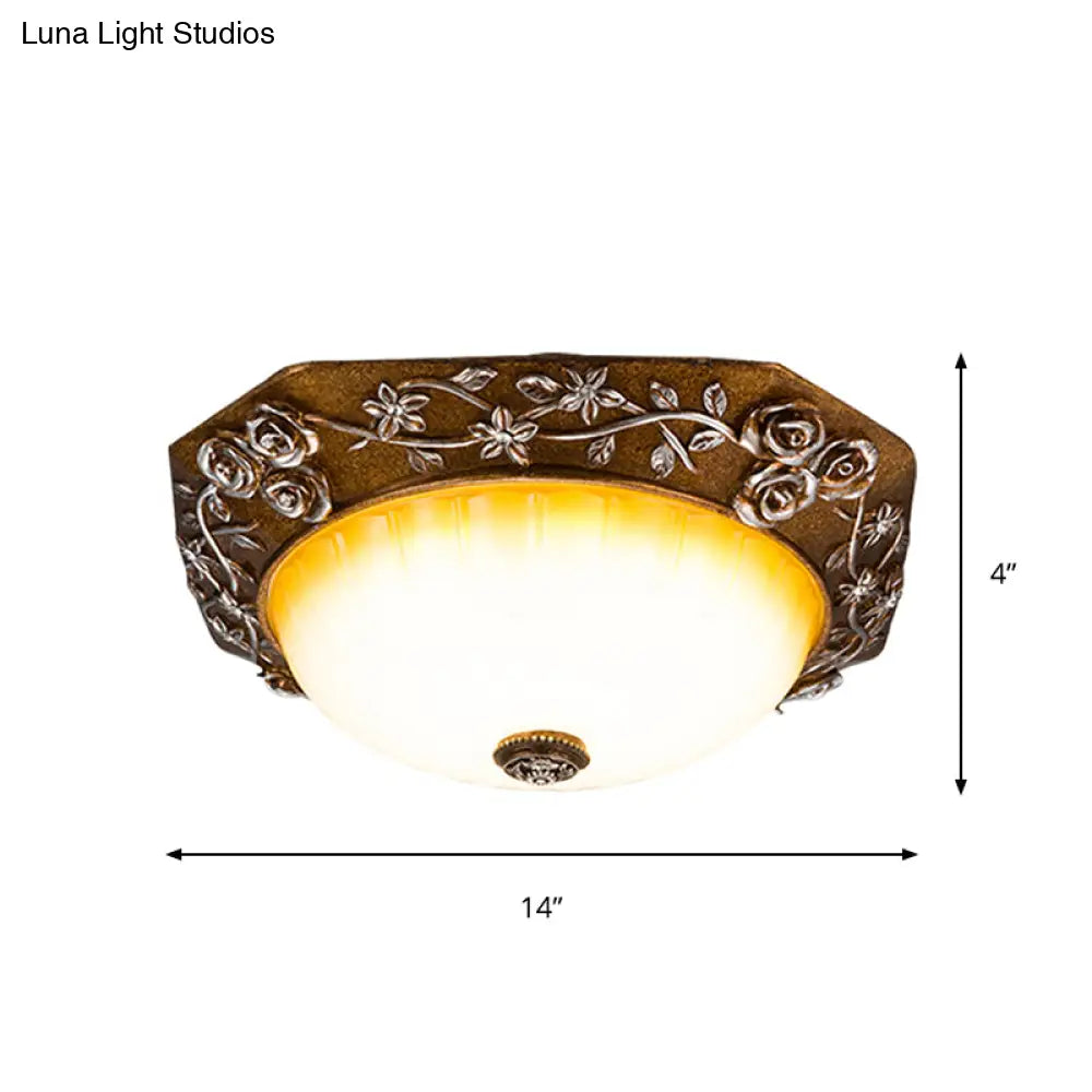 Traditional Flush Mount Led Ceiling Light With Carved Bloom Design In Brown 14’/16’ Wide