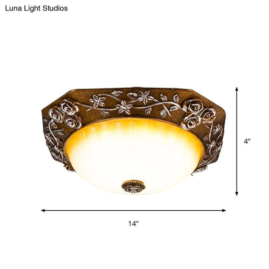 Traditional Flush Mount Led Ceiling Light With Carved Bloom Design In Brown 14’/16’ Wide