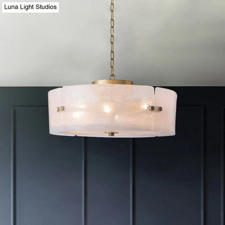 Traditional Frosted White Glass Chandelier - Circular Design With 4 Brass Pendant Lights