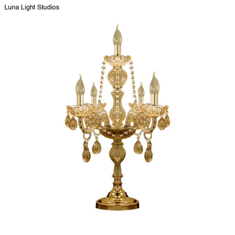 Traditional Gold Crystal Candelabra Table Lamp With White Bell Fabric Shade (5/6 Heads) Nightstand