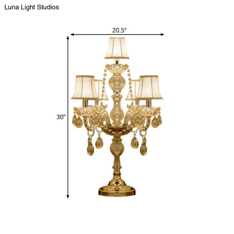 Traditional Gold Crystal Candelabra Table Lamp With White Bell Fabric Shade (5/6 Heads) Nightstand