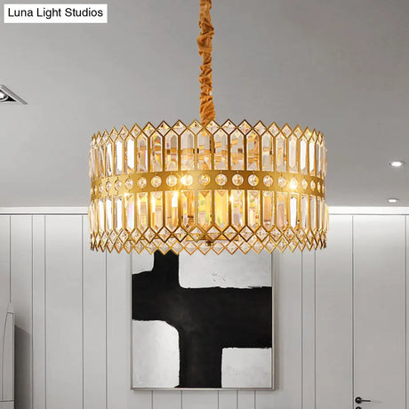 Traditional Gold Crystal Chandelier Pendant Light - 3/4 Lights Drum Hanging Lamp