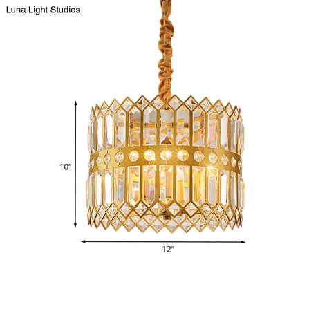 Traditional Gold Crystal Chandelier Pendant Light - 3/4 Lights Drum Hanging Lamp
