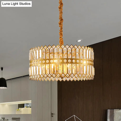Traditional Gold Crystal Chandelier Pendant Light - 3/4 Lights Drum Hanging Lamp