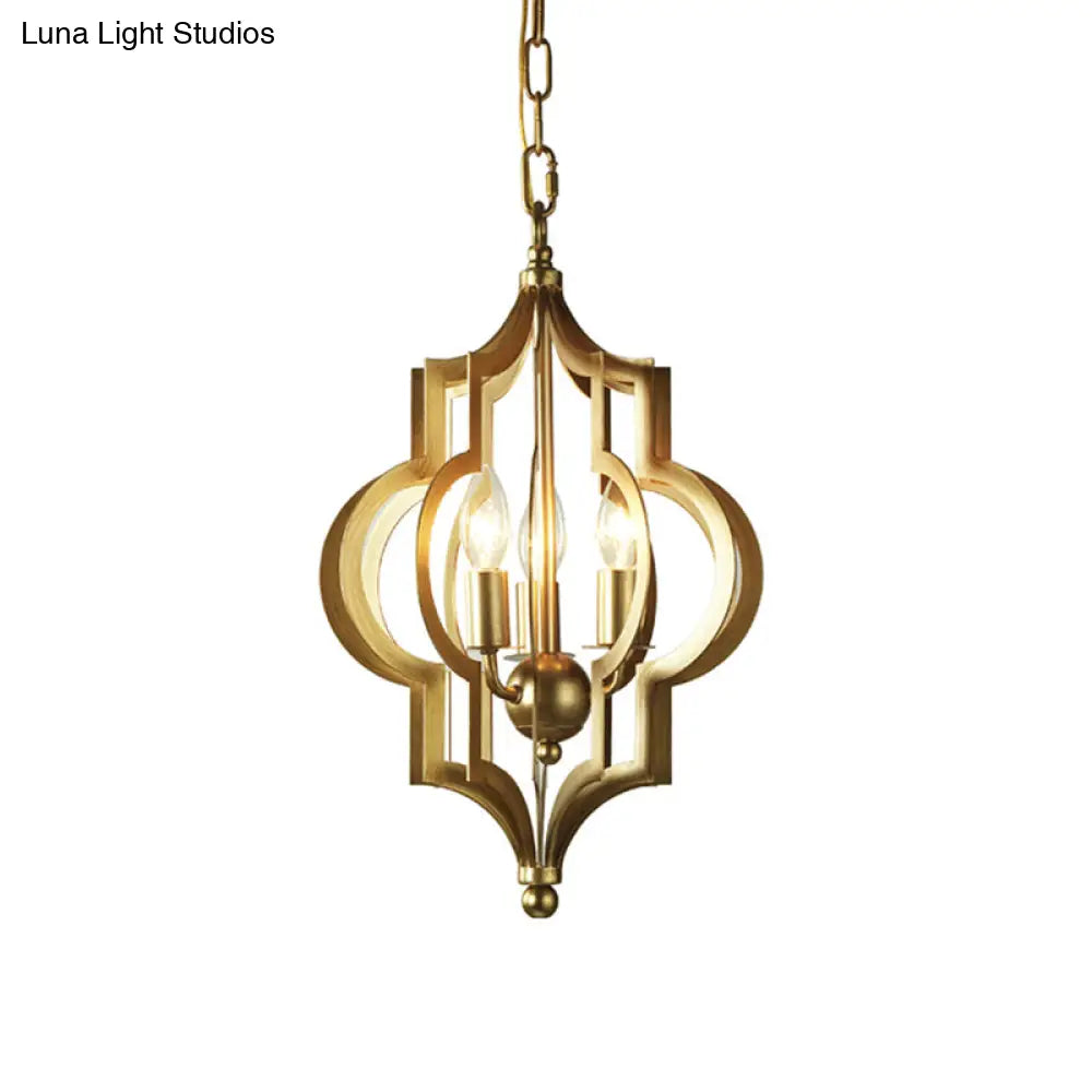 Traditional Gold Metal Hanging Candle Chandelier With Cage For Dining Room - 3 Bulbs 12.5/28 Wide