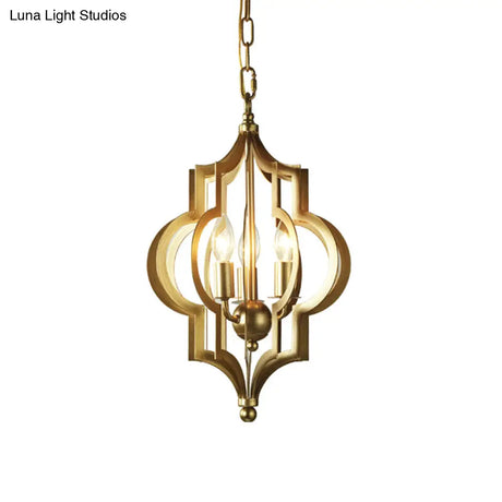 Traditional Gold Metal Hanging Candle Chandelier With Cage For Dining Room - 3 Bulbs 12.5/28 Wide